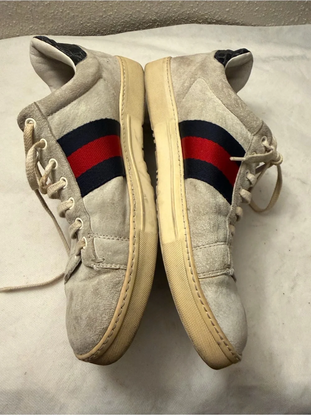 Gucci Beige Suede Sneakers with Red & Navy Web Stripe,pre-owned,SZ 8